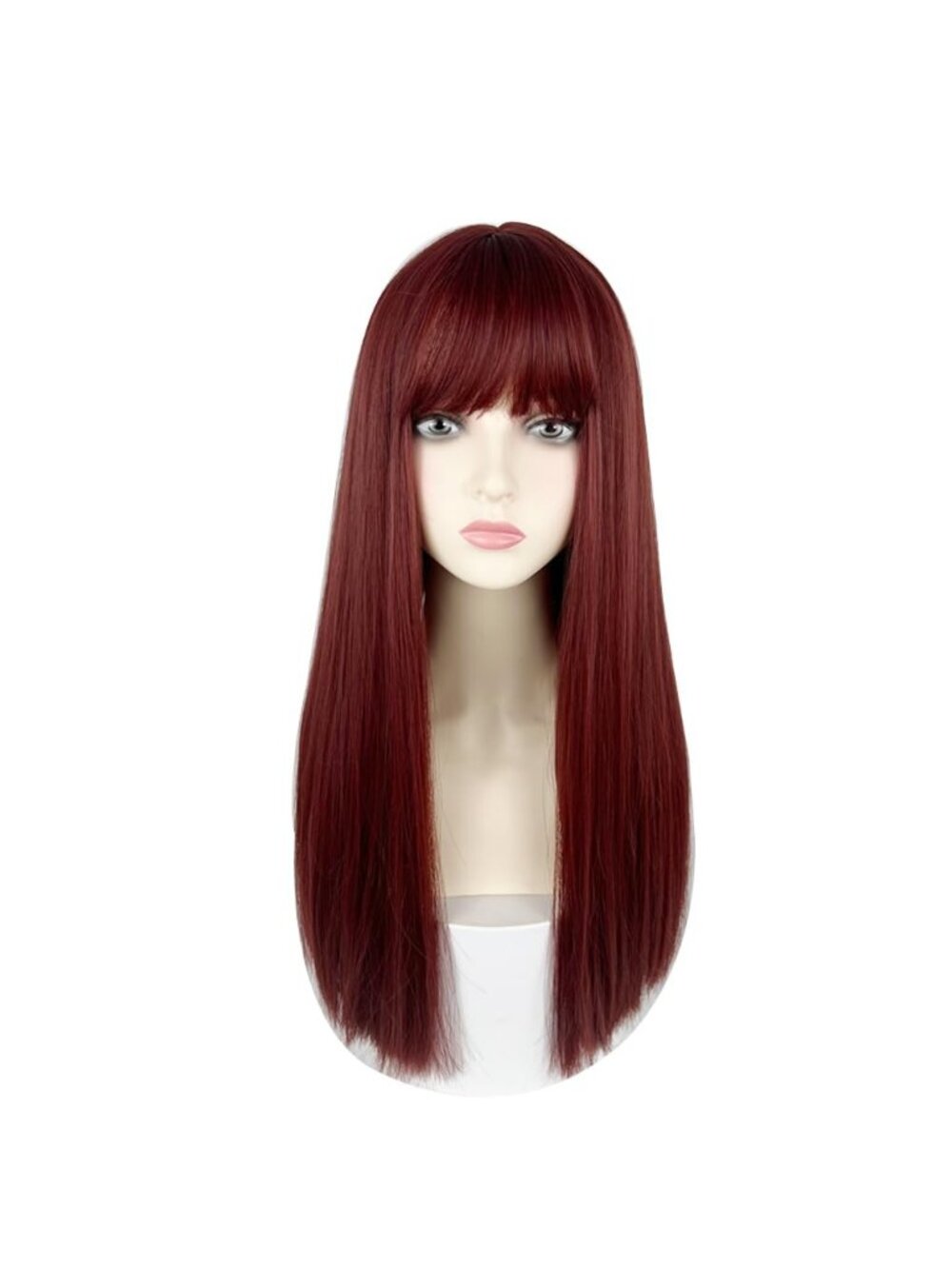 Women's Raspberry Red Heat Resistant Synthetic Fiber Long Straight Wigs Bangs